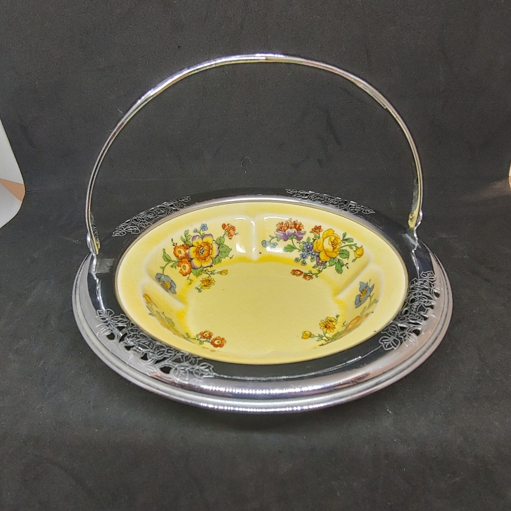 Sebring Pottery Yellow and Decorative Metal Bowl Basket